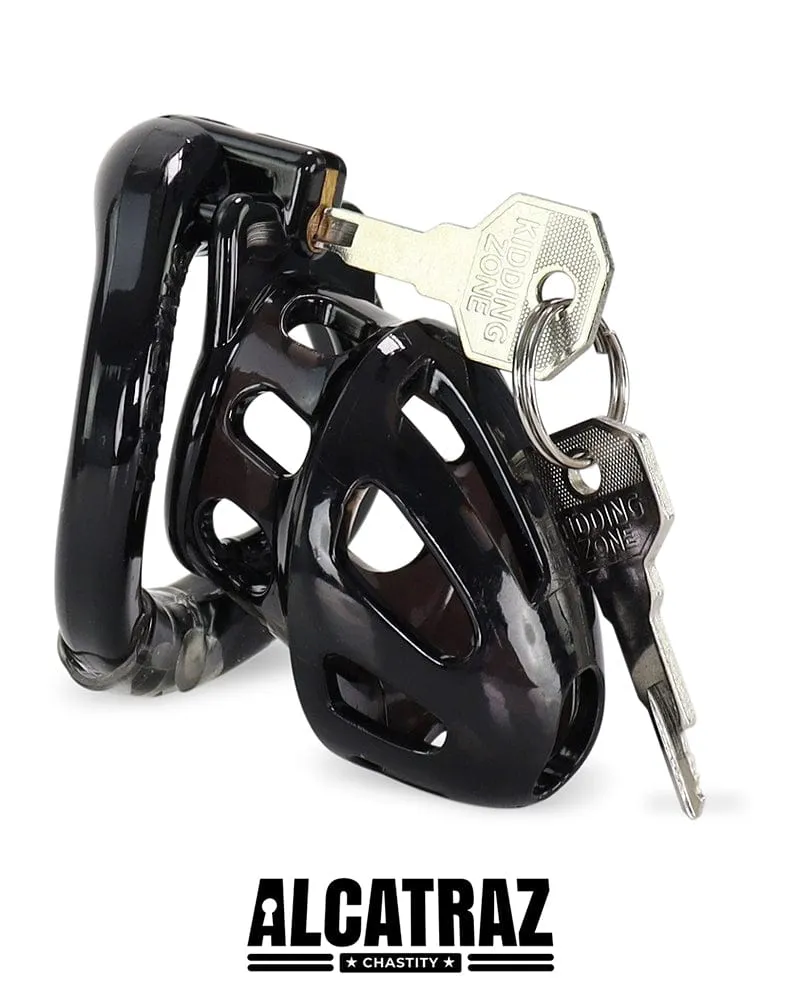 0862AR      Man Whore Locking Black Chastity Cock Cage, Medium Base Ring