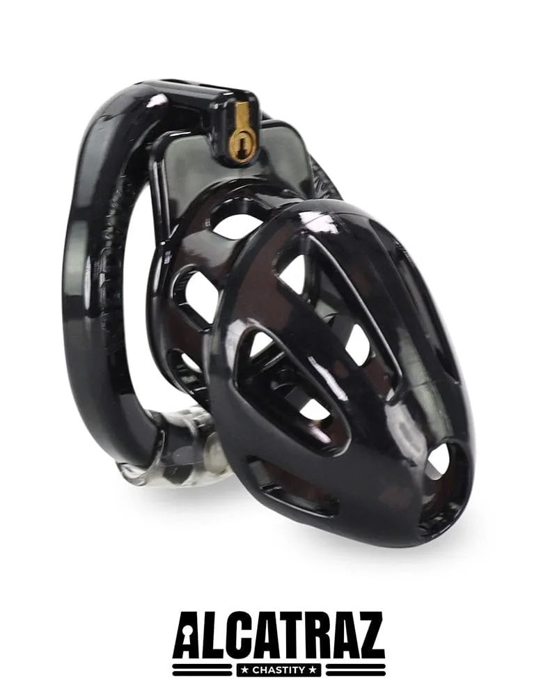 0862AR      Man Whore Locking Black Chastity Cock Cage, Medium Base Ring