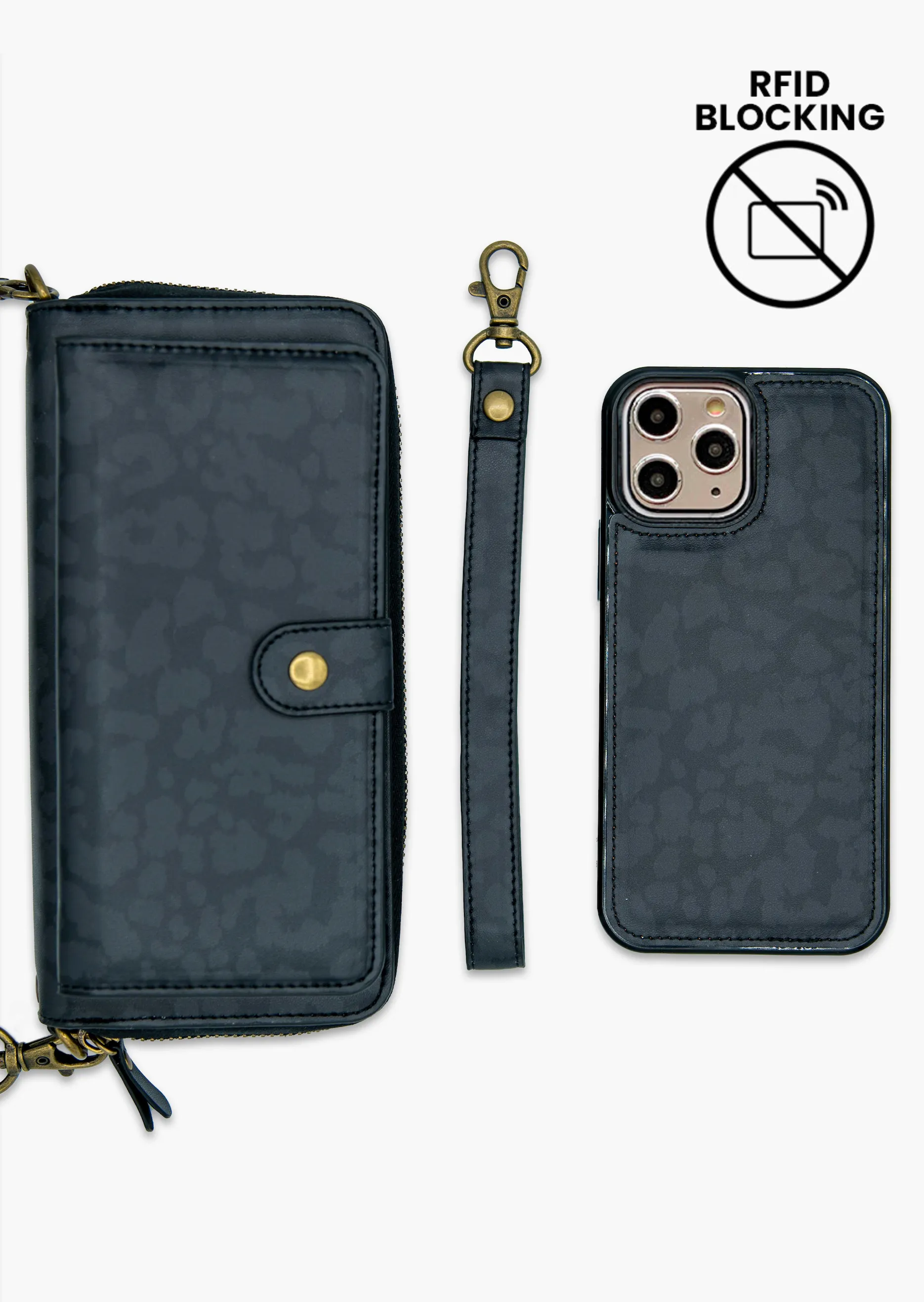 2-in-1 RFID Crossbody Wallet Phone Case in Black Leopard