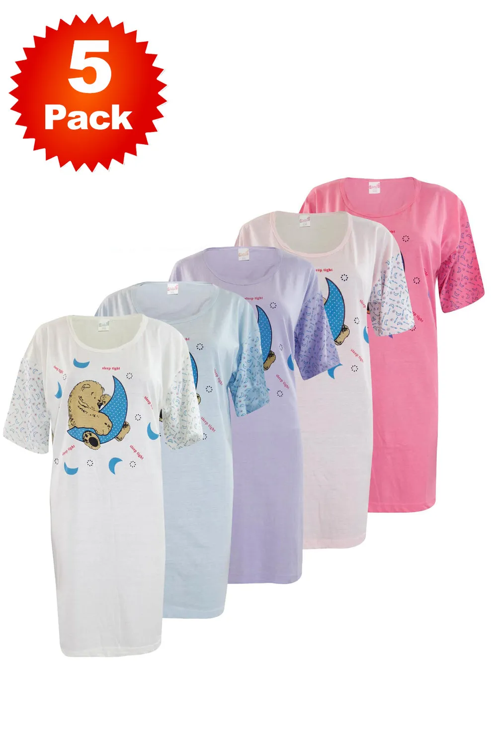 5 Pack Ladies Short Sleeve Cotton Night Shirt