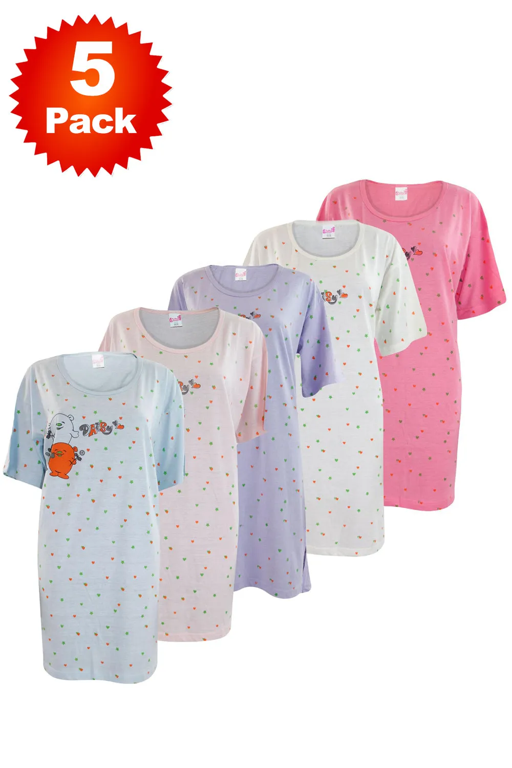 5 Pack Ladies Short Sleeve Cotton Night Shirt