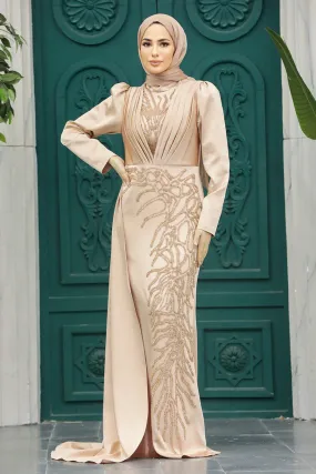 Alina Long Beaded Evening Dress with Long Sleeves