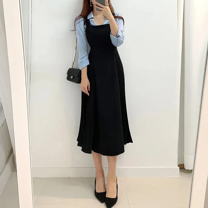 Autumn Slip Pleated Dress Women Korean Style A Line Slim Sleeveless Elegant Wrap Hip Dresses Office Ladies Dresses 2023 Vestido