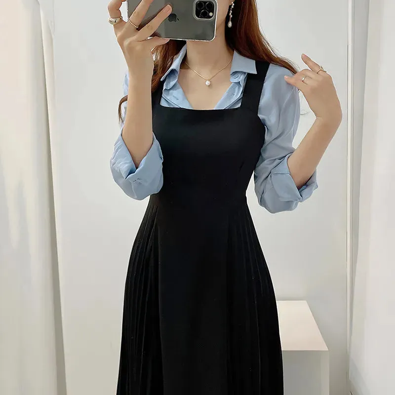 Autumn Slip Pleated Dress Women Korean Style A Line Slim Sleeveless Elegant Wrap Hip Dresses Office Ladies Dresses 2023 Vestido