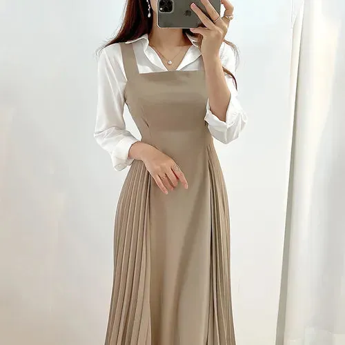 Autumn Slip Pleated Dress Women Korean Style A Line Slim Sleeveless Elegant Wrap Hip Dresses Office Ladies Dresses 2023 Vestido