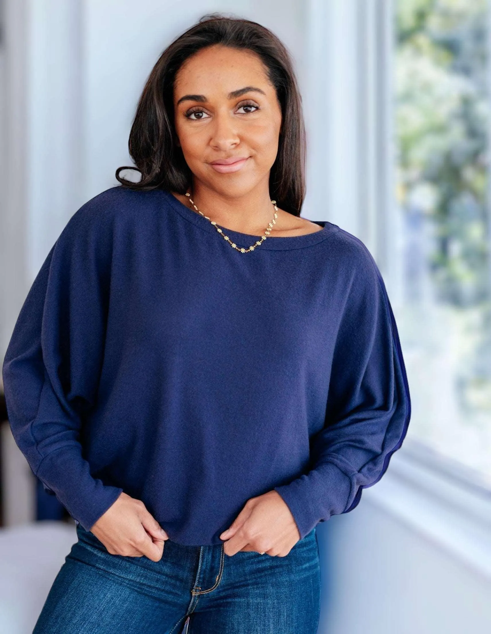 Batwing Sleeve Boatneck Top in Navy