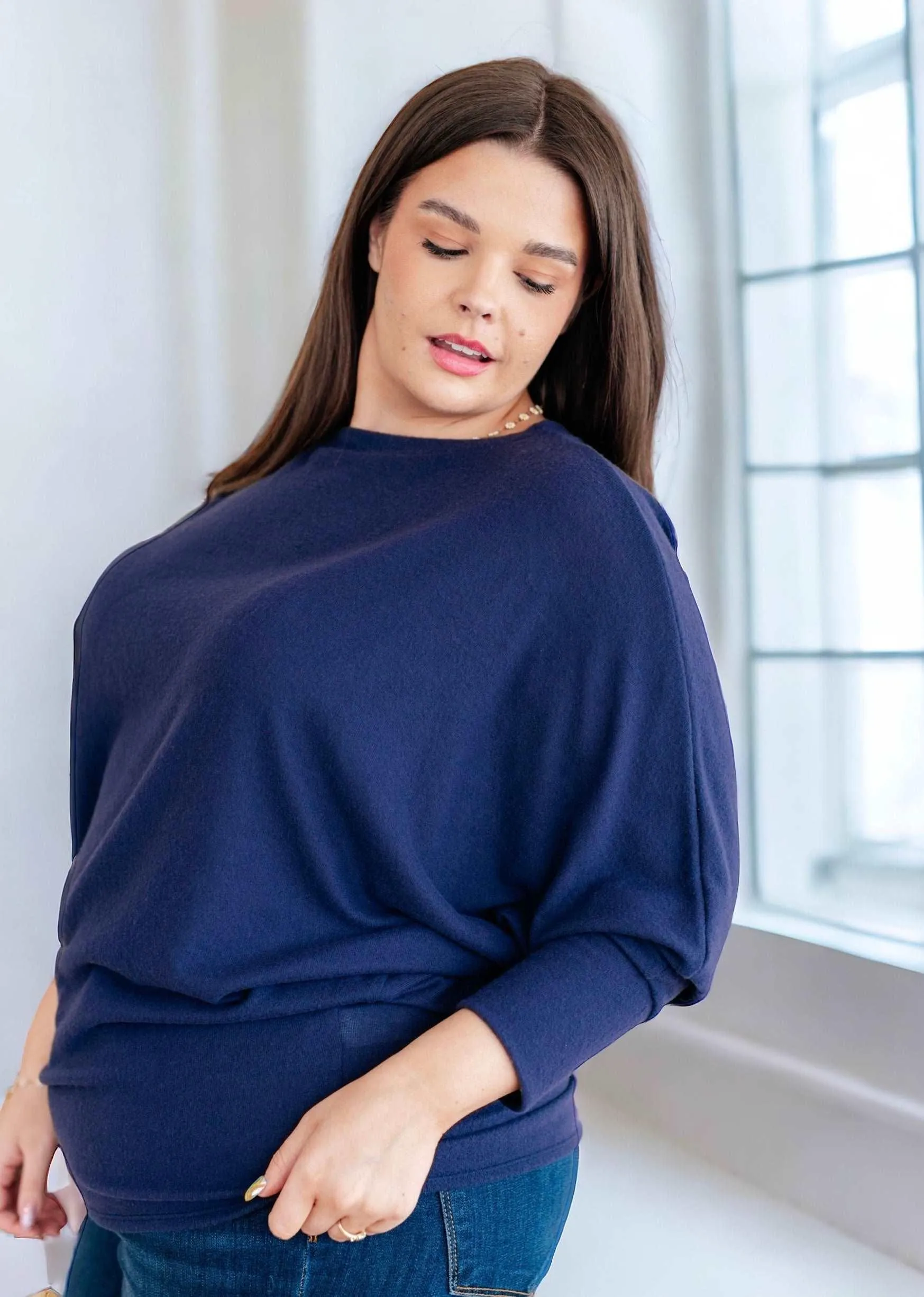 Batwing Sleeve Boatneck Top in Navy