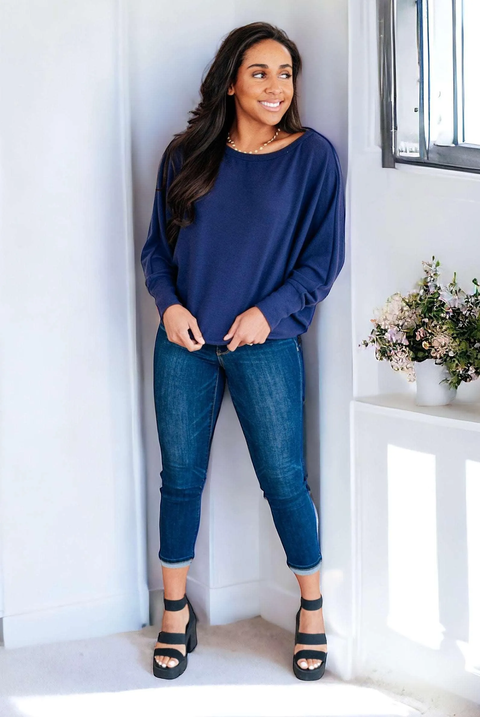 Batwing Sleeve Boatneck Top in Navy