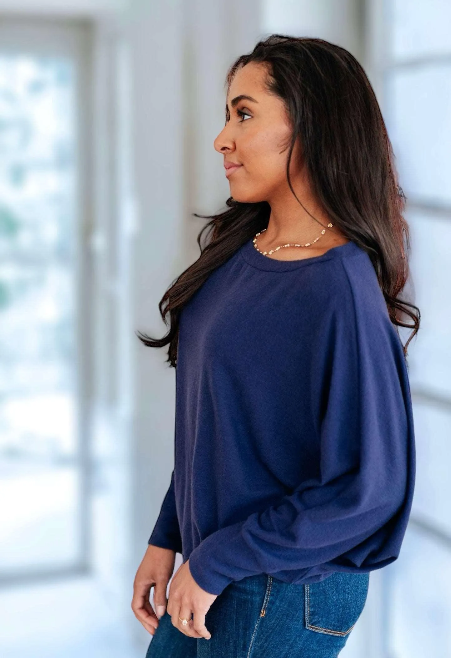 Batwing Sleeve Boatneck Top in Navy