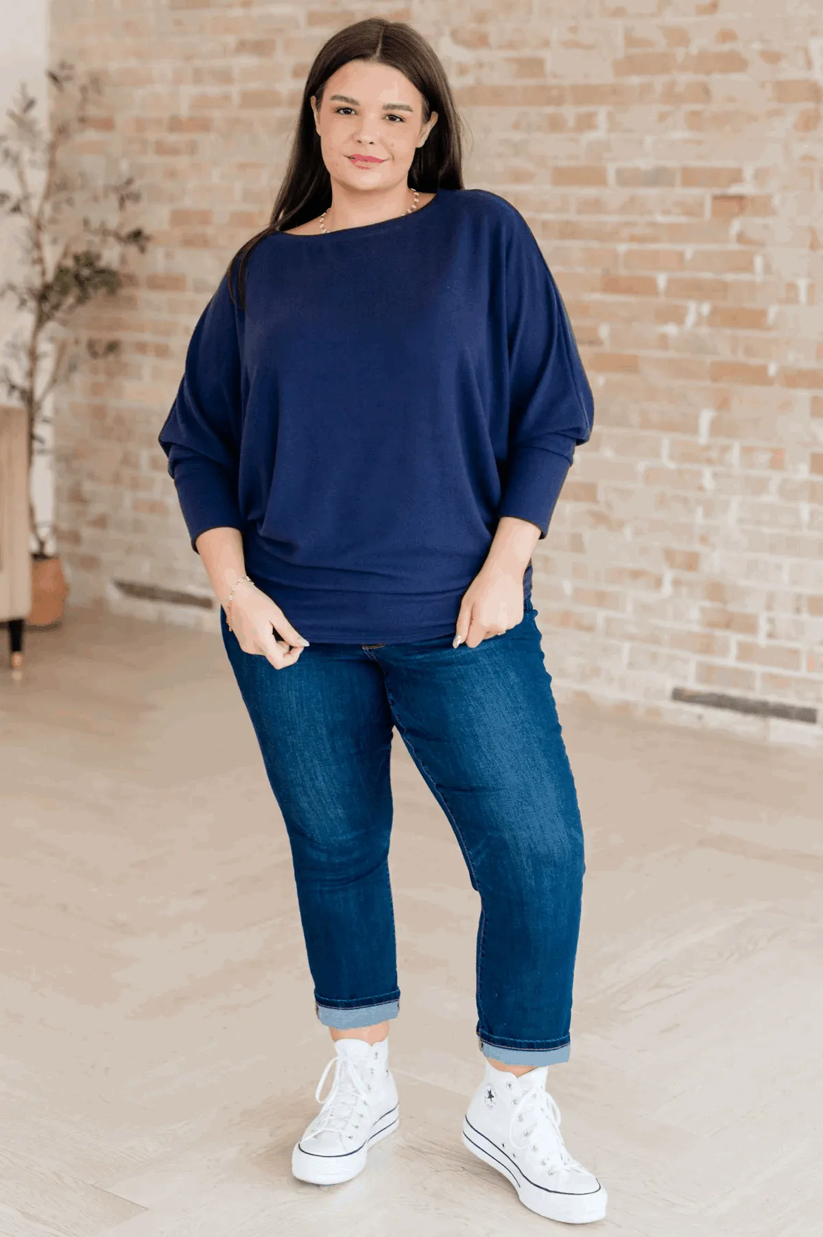 Batwing Sleeve Boatneck Top in Navy