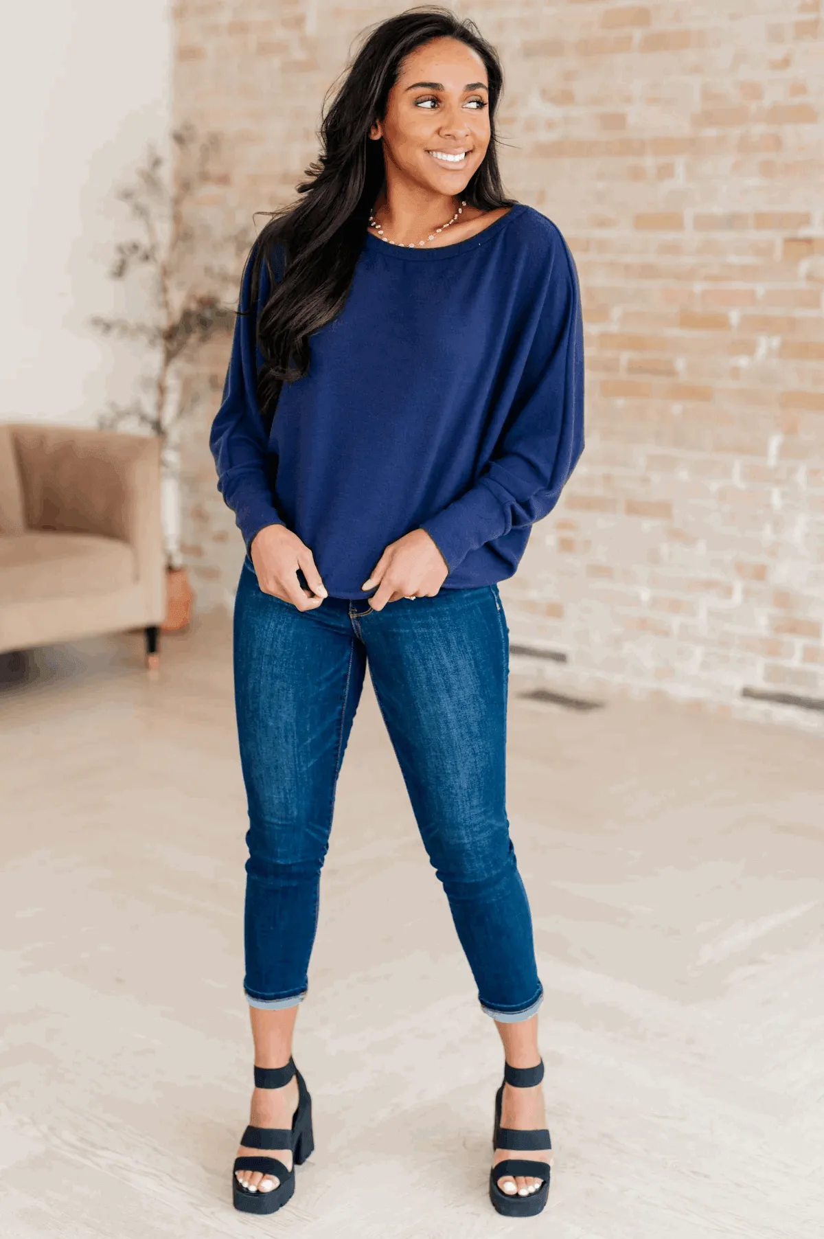 Batwing Sleeve Boatneck Top in Navy