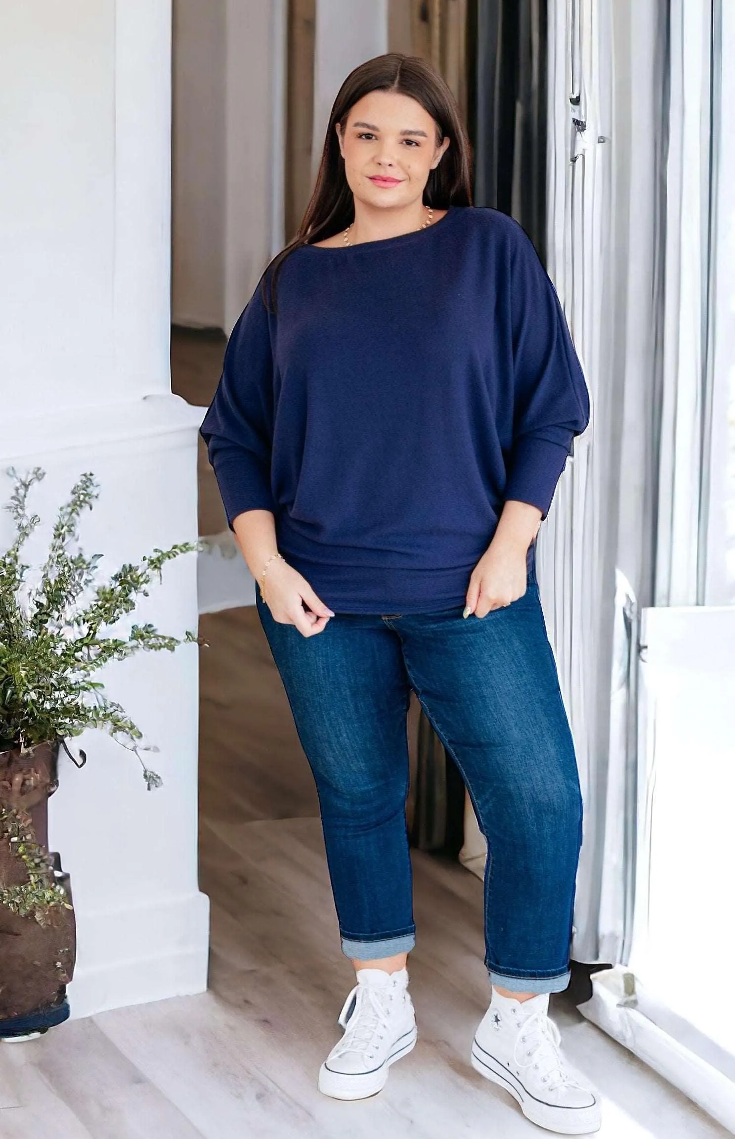 Batwing Sleeve Boatneck Top in Navy