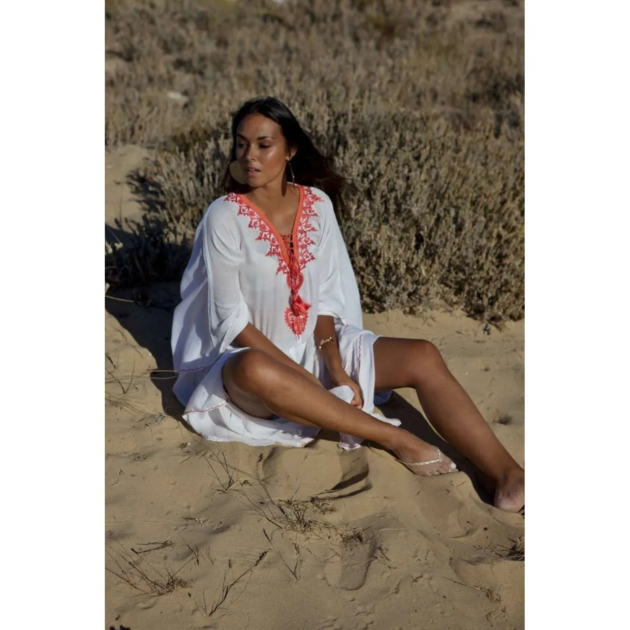 Beach White Neon Orange Embroidery Resort Caftan Kaftan -beach cover ups, beach wedding kaftan