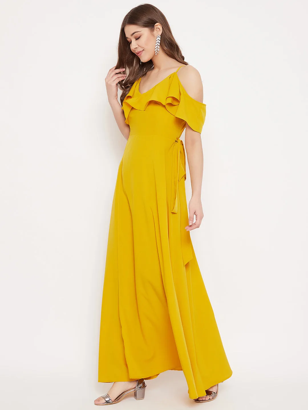 Berrylush Women Solid Yellow Cold Shoulder Ruffled Maxi Dress