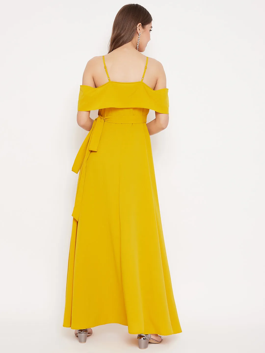 Berrylush Women Solid Yellow Cold Shoulder Ruffled Maxi Dress