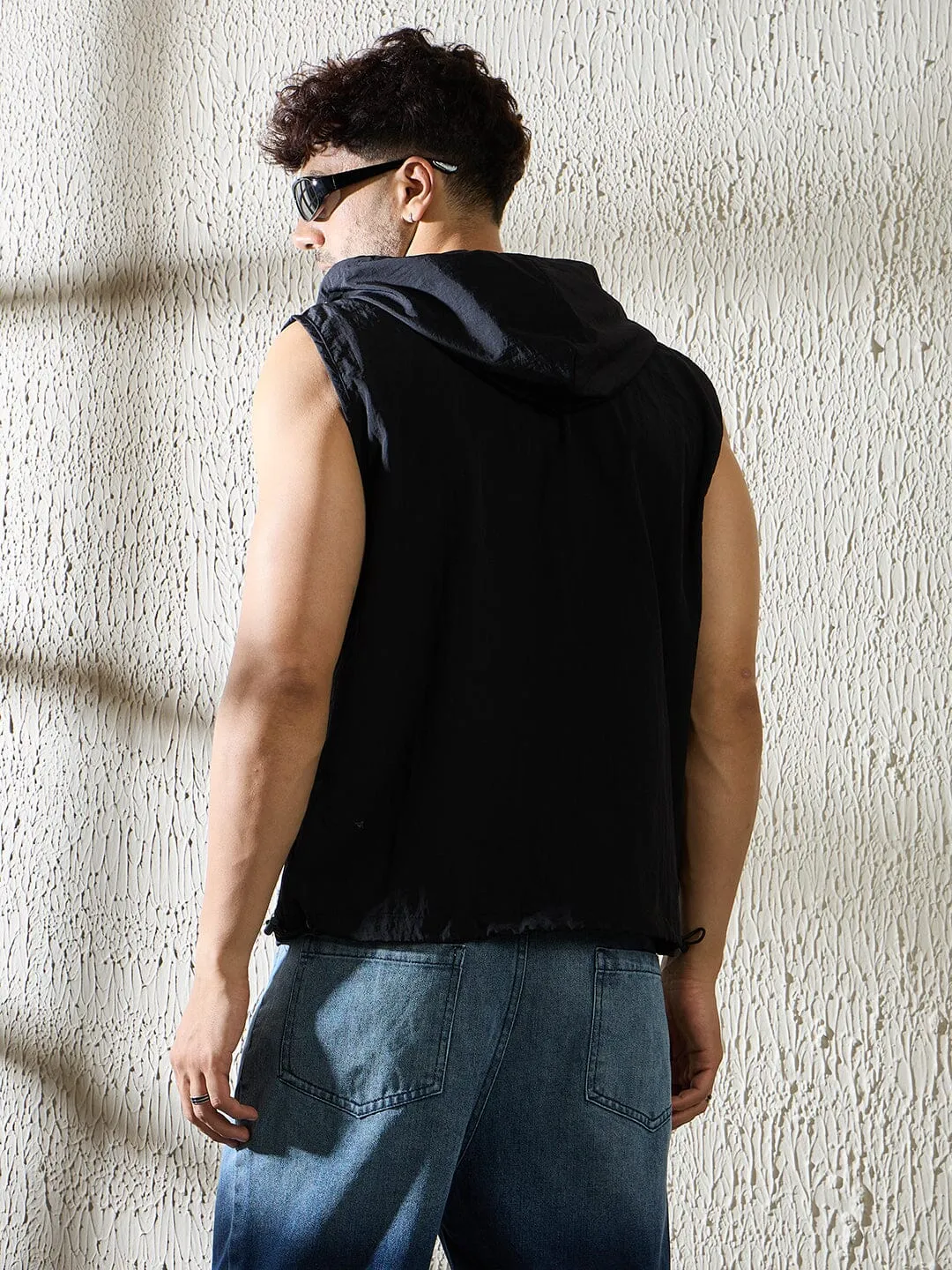 Black Crushed Nylon Sleeveless Windbreaker Jacket