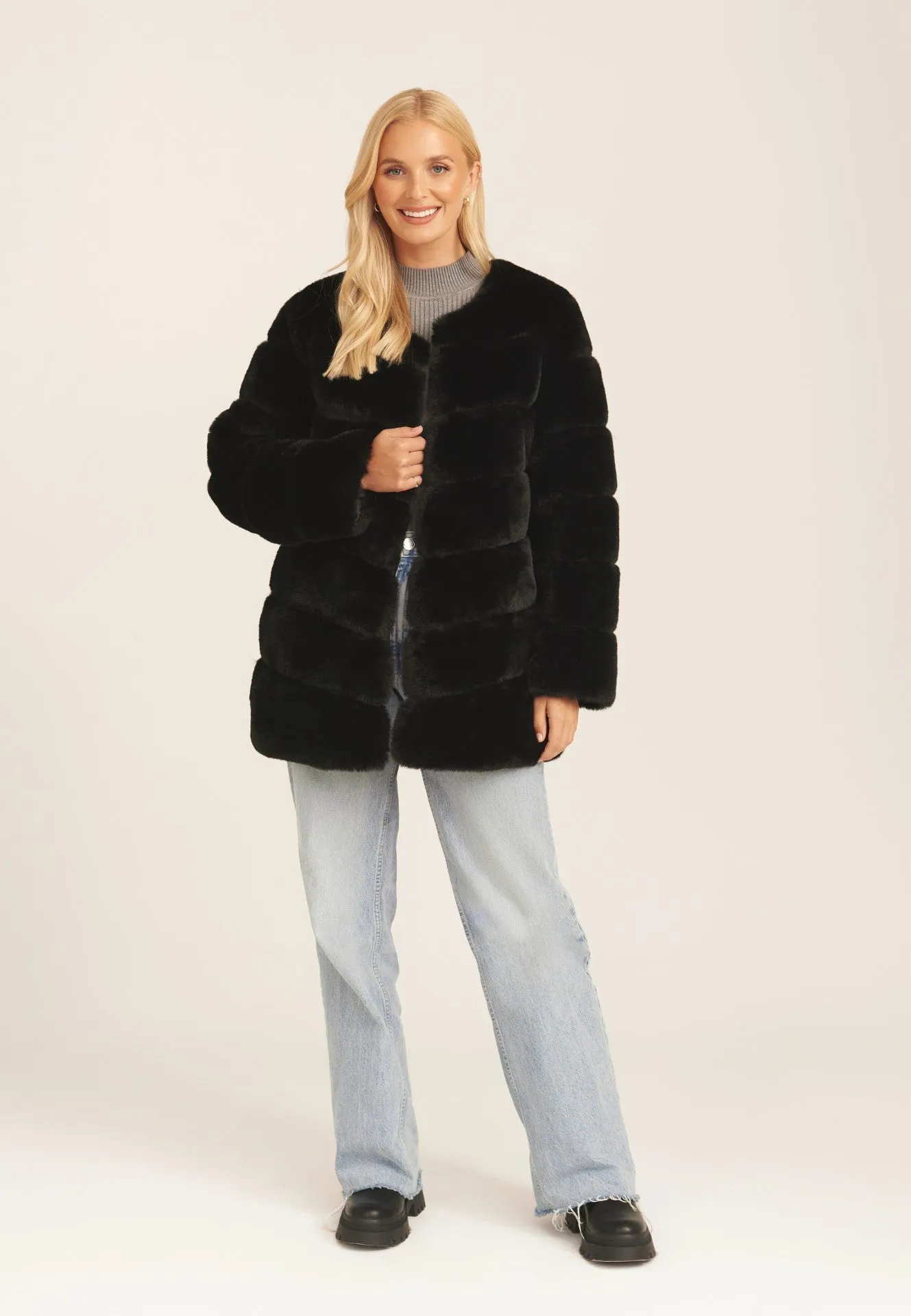 Black Diagonal Cut Faux Fur Long Sleeve Jacket