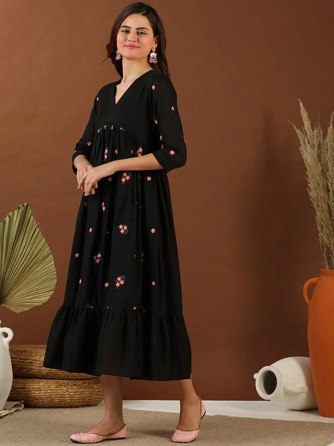 Black Floral Embroidered Fit and Flare Midi Ethnic Dress