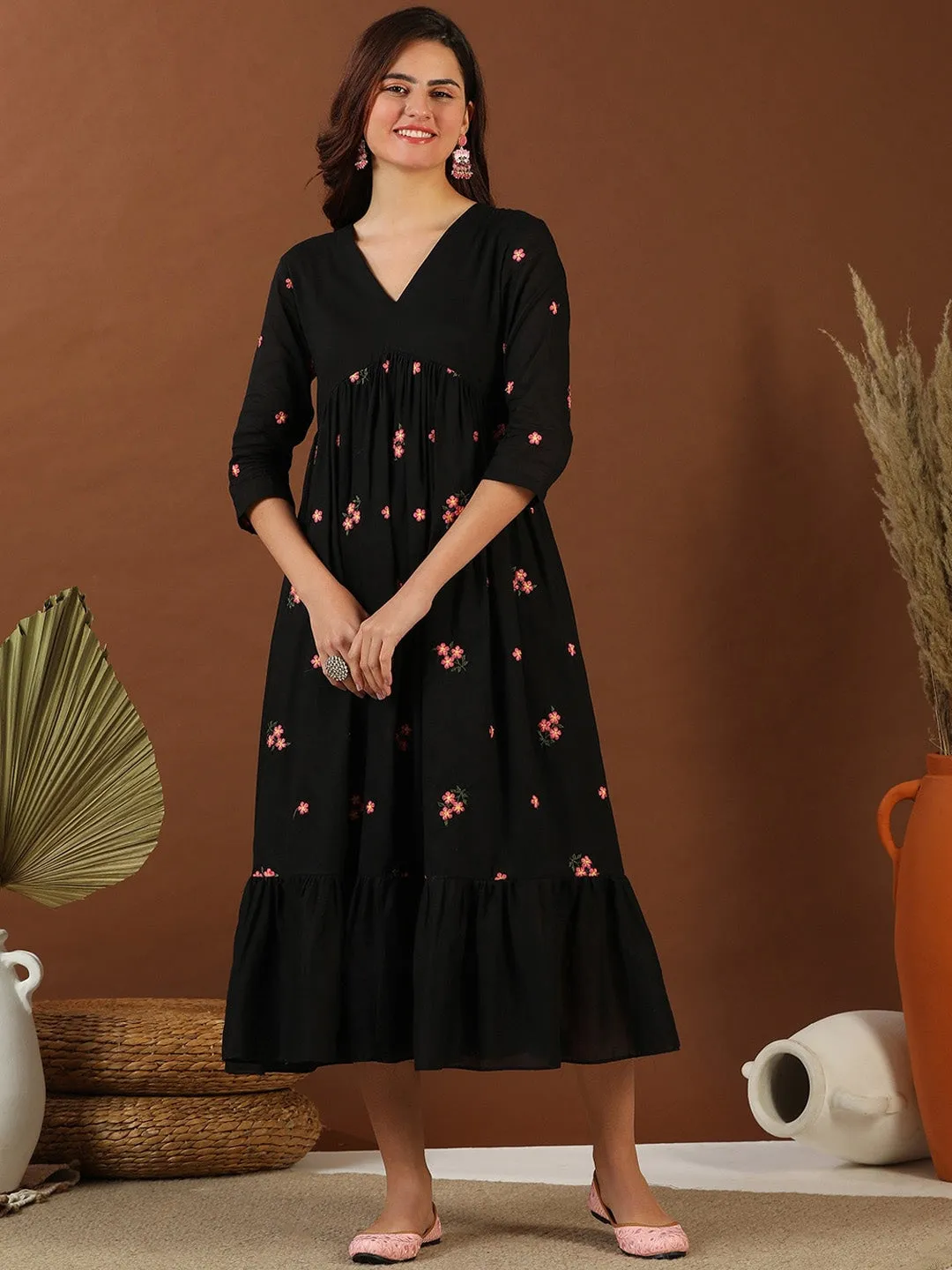 Black Floral Embroidered Fit and Flare Midi Ethnic Dress