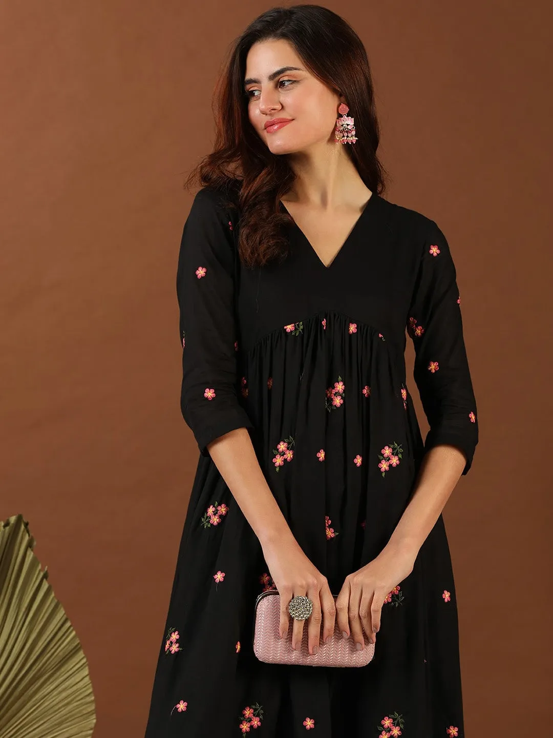 Black Floral Embroidered Fit and Flare Midi Ethnic Dress