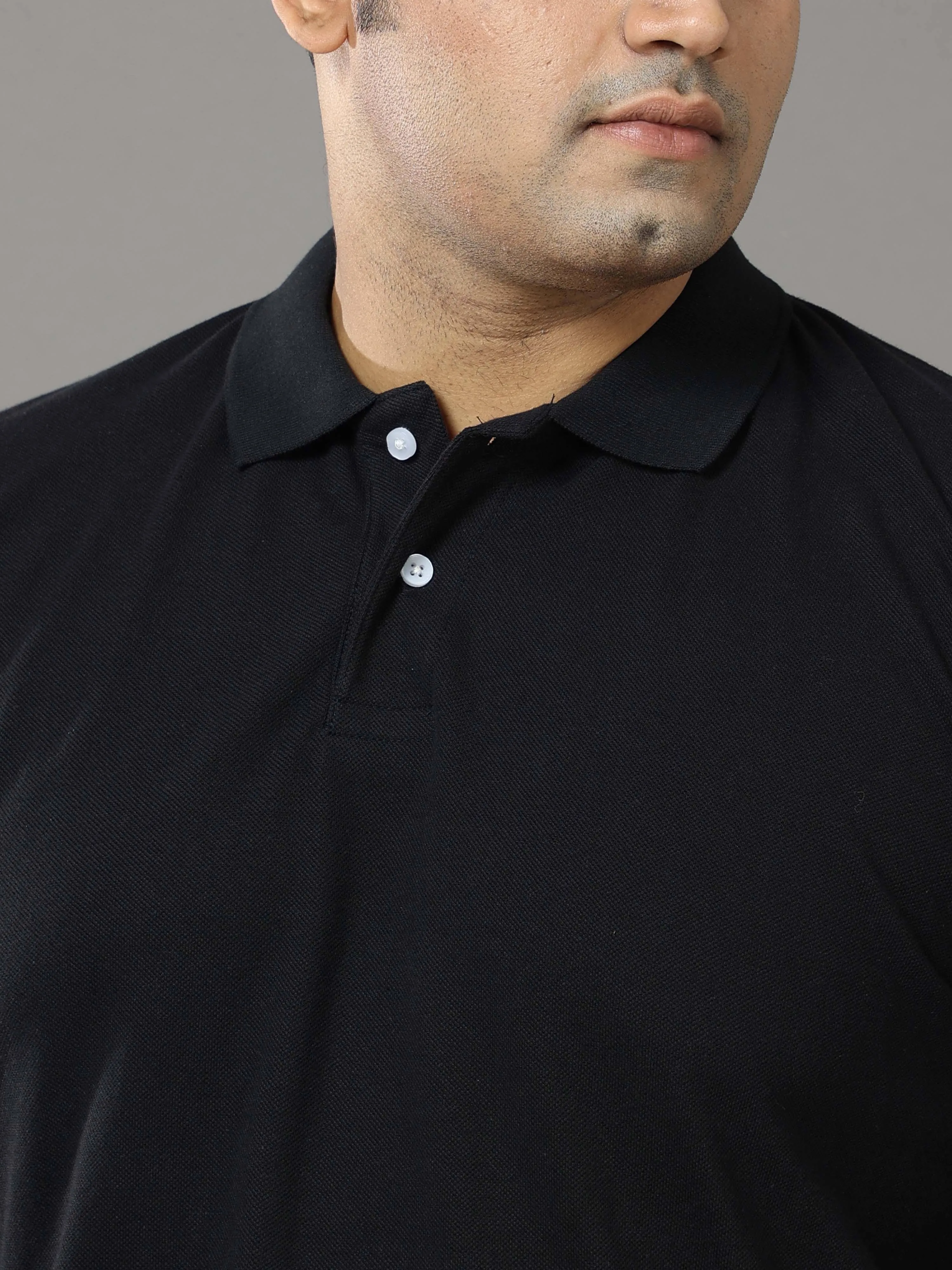 Black Solid Polo Collar Pure Cotton T-SHIRT Men's Plus Size