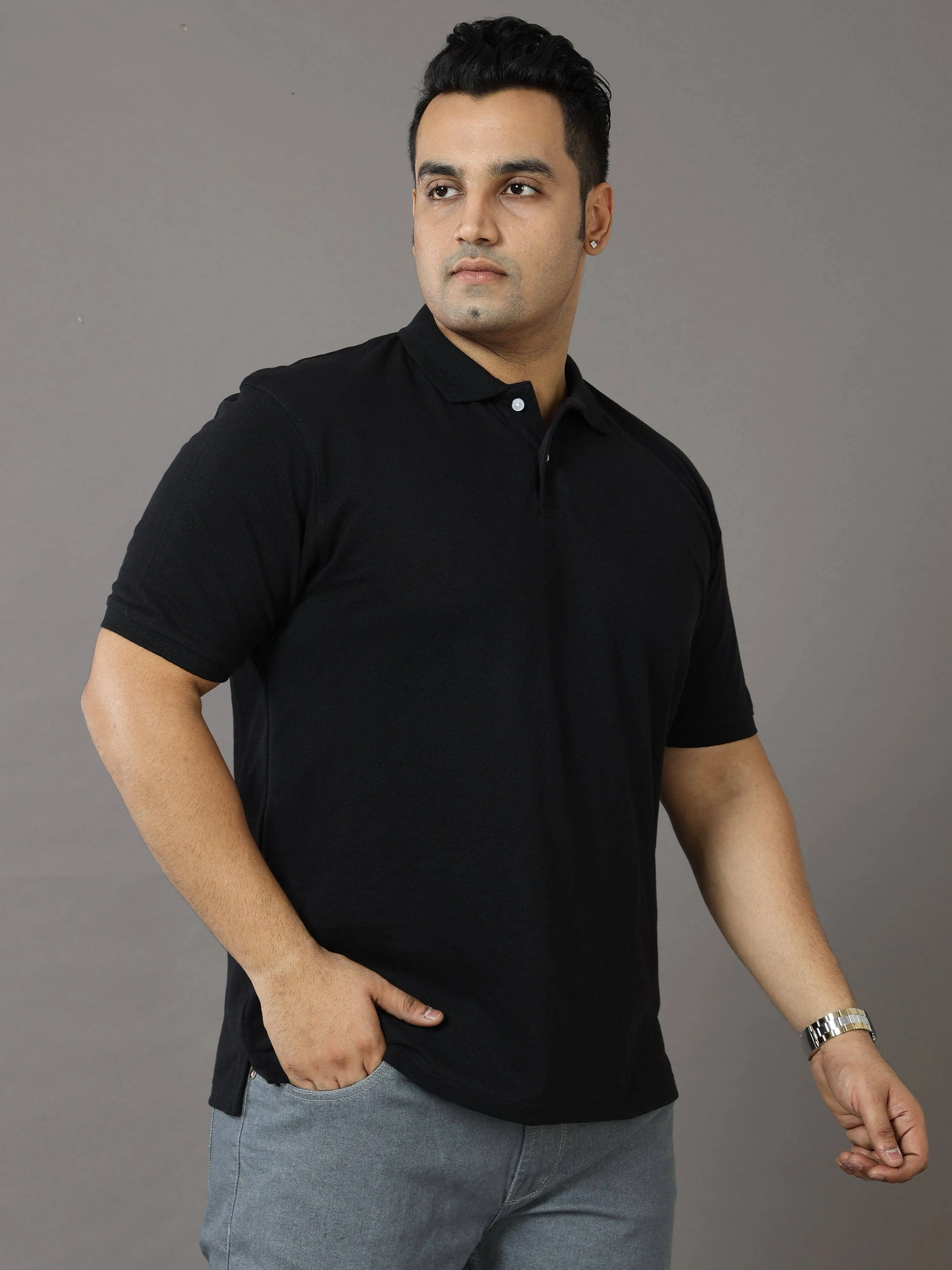 Black Solid Polo Collar Pure Cotton T-SHIRT Men's Plus Size