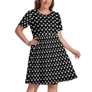 Black With White Mickey Polka Dots Women's Round Neck Plus Size Dress With Pockets