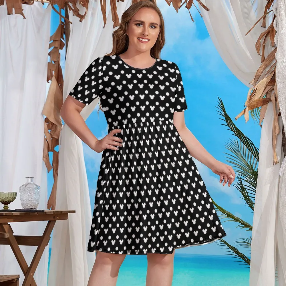 Black With White Mickey Polka Dots Women's Round Neck Plus Size Dress With Pockets