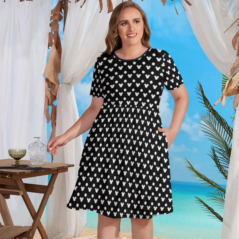 Black With White Mickey Polka Dots Women's Round Neck Plus Size Dress With Pockets