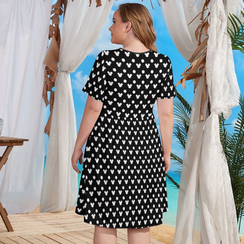 Black With White Mickey Polka Dots Women's Round Neck Plus Size Dress With Pockets