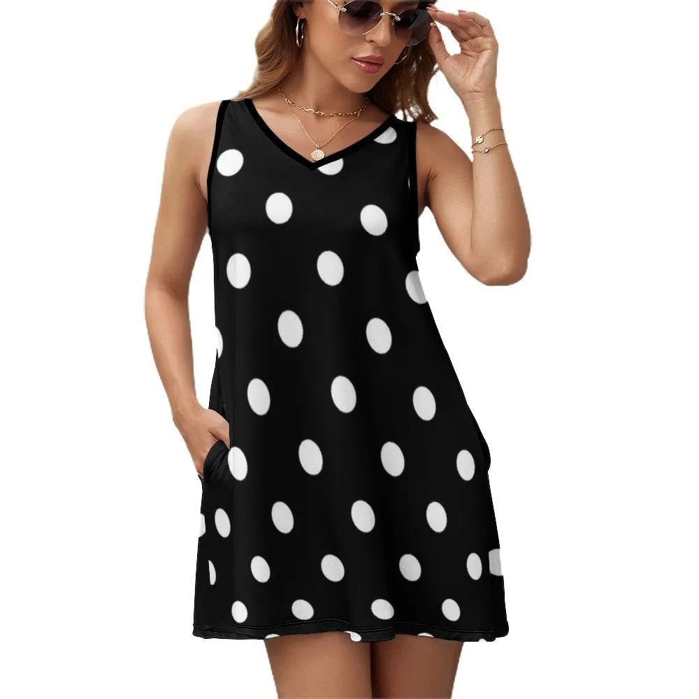 Black With White Polka Dots Sleeveless Sundress With Pockets