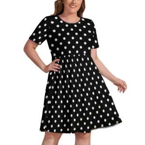 Black With White Polka Dots Women's Round Neck Plus Size Dress With Pockets