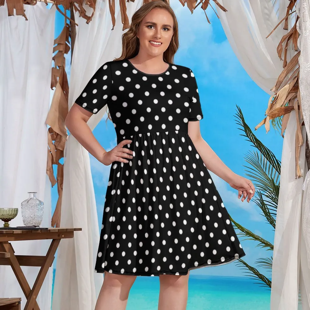 Black With White Polka Dots Women's Round Neck Plus Size Dress With Pockets