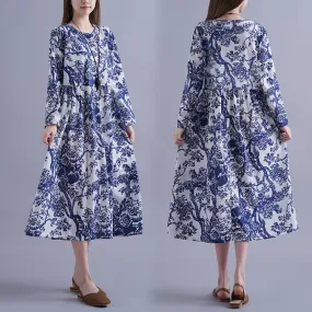 Blue And White Porcelain Robe Plus-sized Loose Dress