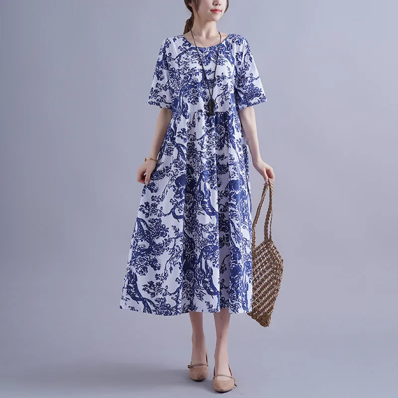 Blue And White Porcelain Robe Plus-sized Loose Dress