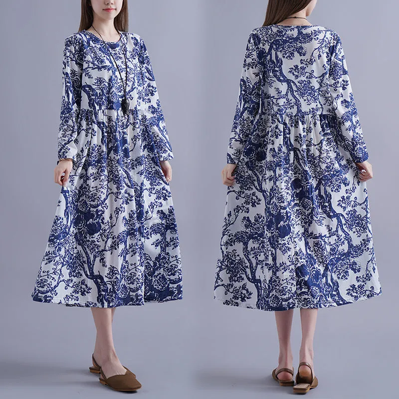 Blue And White Porcelain Robe Plus-sized Loose Dress