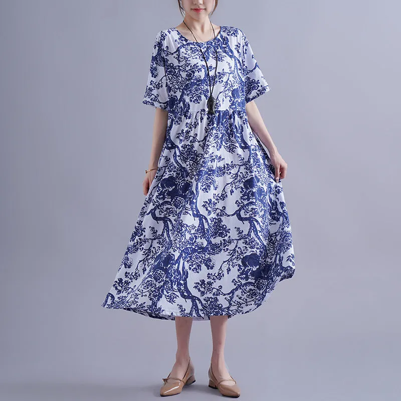 Blue And White Porcelain Robe Plus-sized Loose Dress