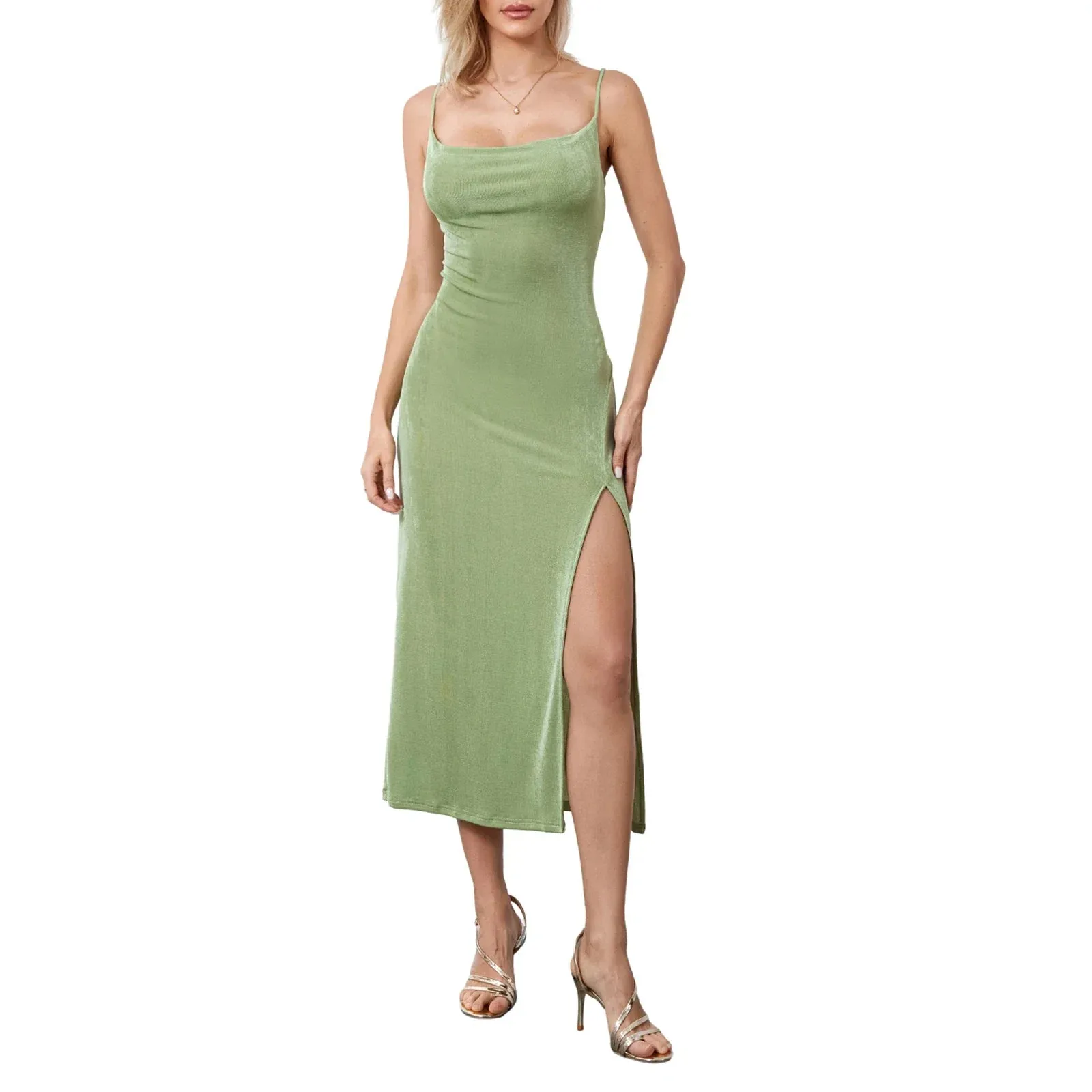 Bodycon Slip Solid Color Square Neck Spaghetti Strap Backless Slim Fit Summer Elegant Dress