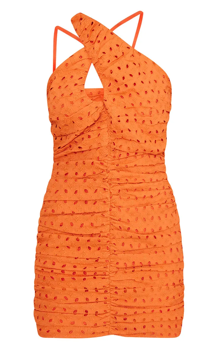 Broderie anglaise asymmetric strap ruched bodycon dress in orange