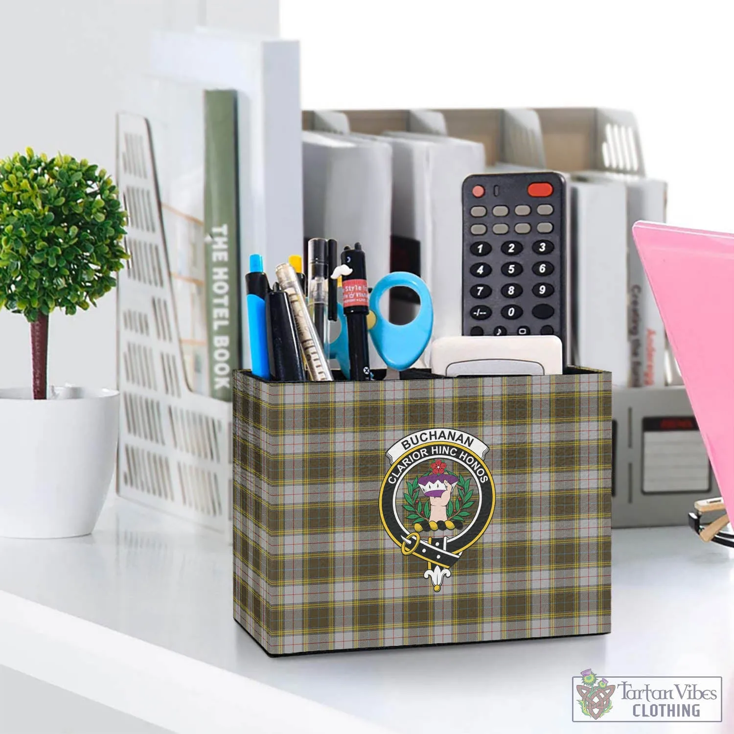 Buchanan Dress Tartan Pen Holder with Family Crest