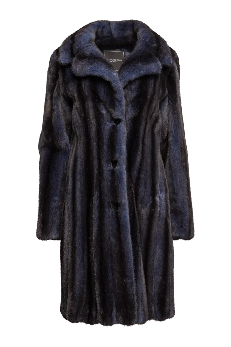 Button Down Denim Blue Mid Length Mink Fur Coat