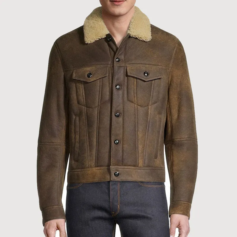 Buy Best Style Rfx Premium Brown Shearling Collar Trucker Jacket