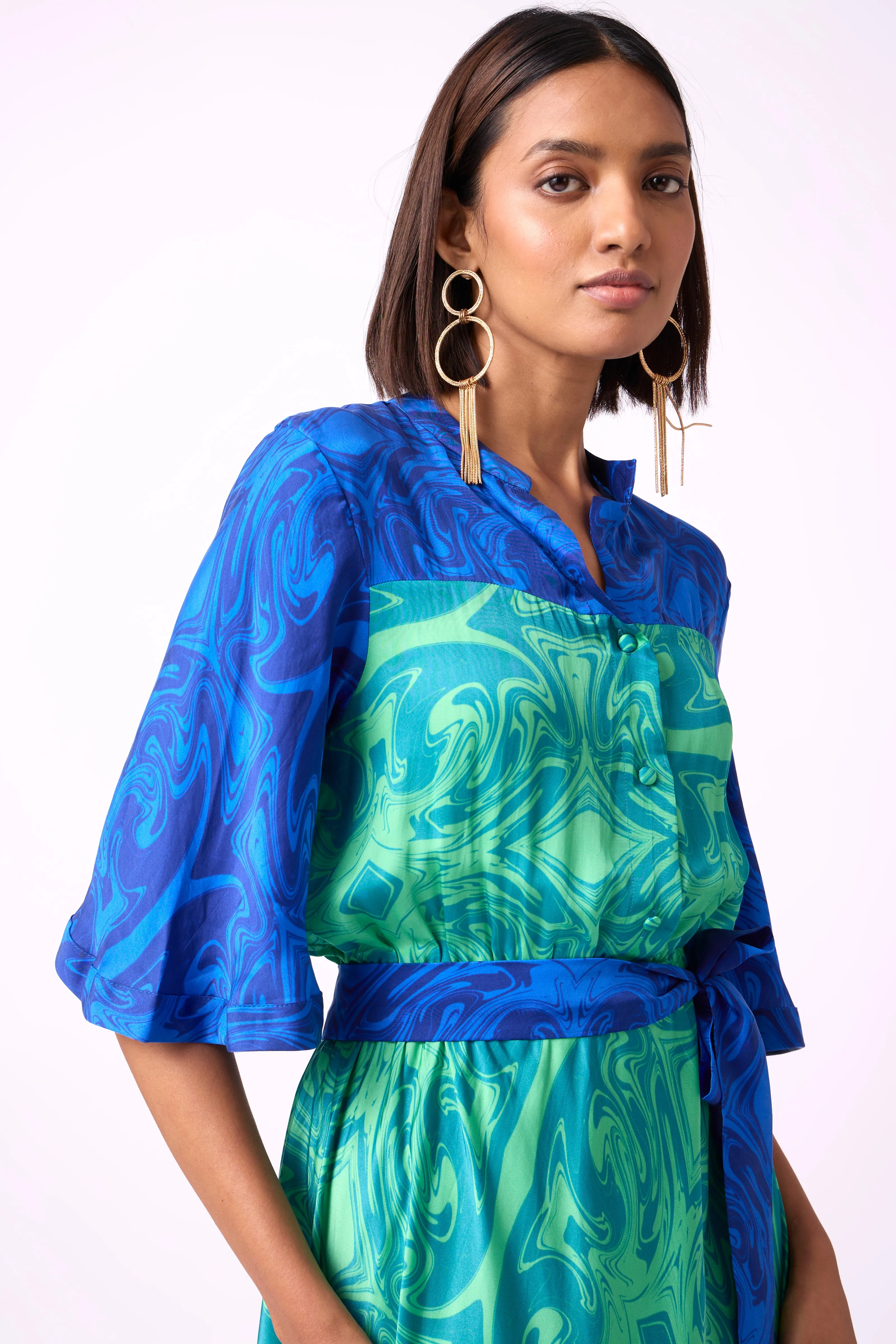 Calli Satin Dress - Blue & Green Art Deco Print