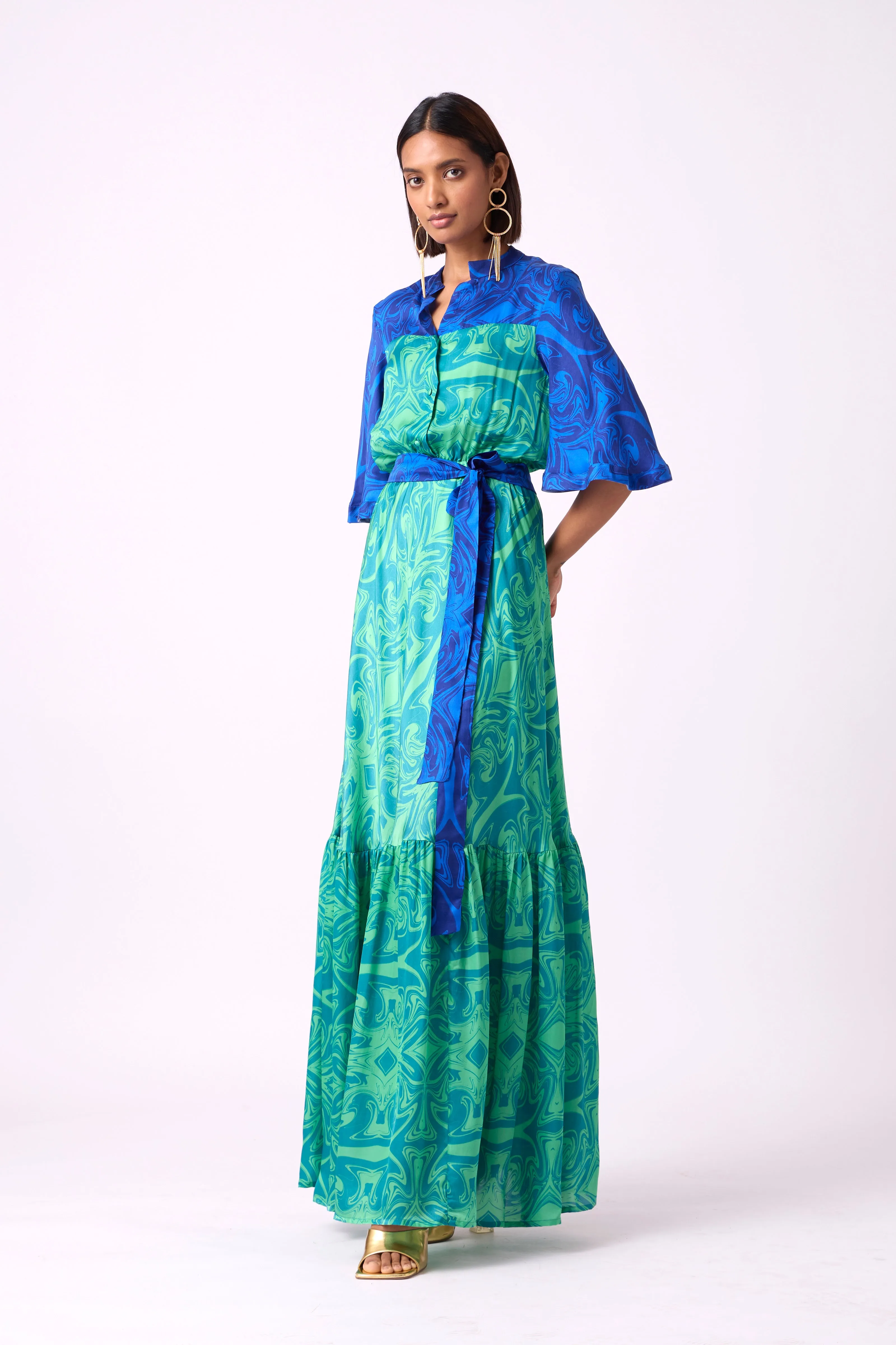 Calli Satin Dress - Blue & Green Art Deco Print