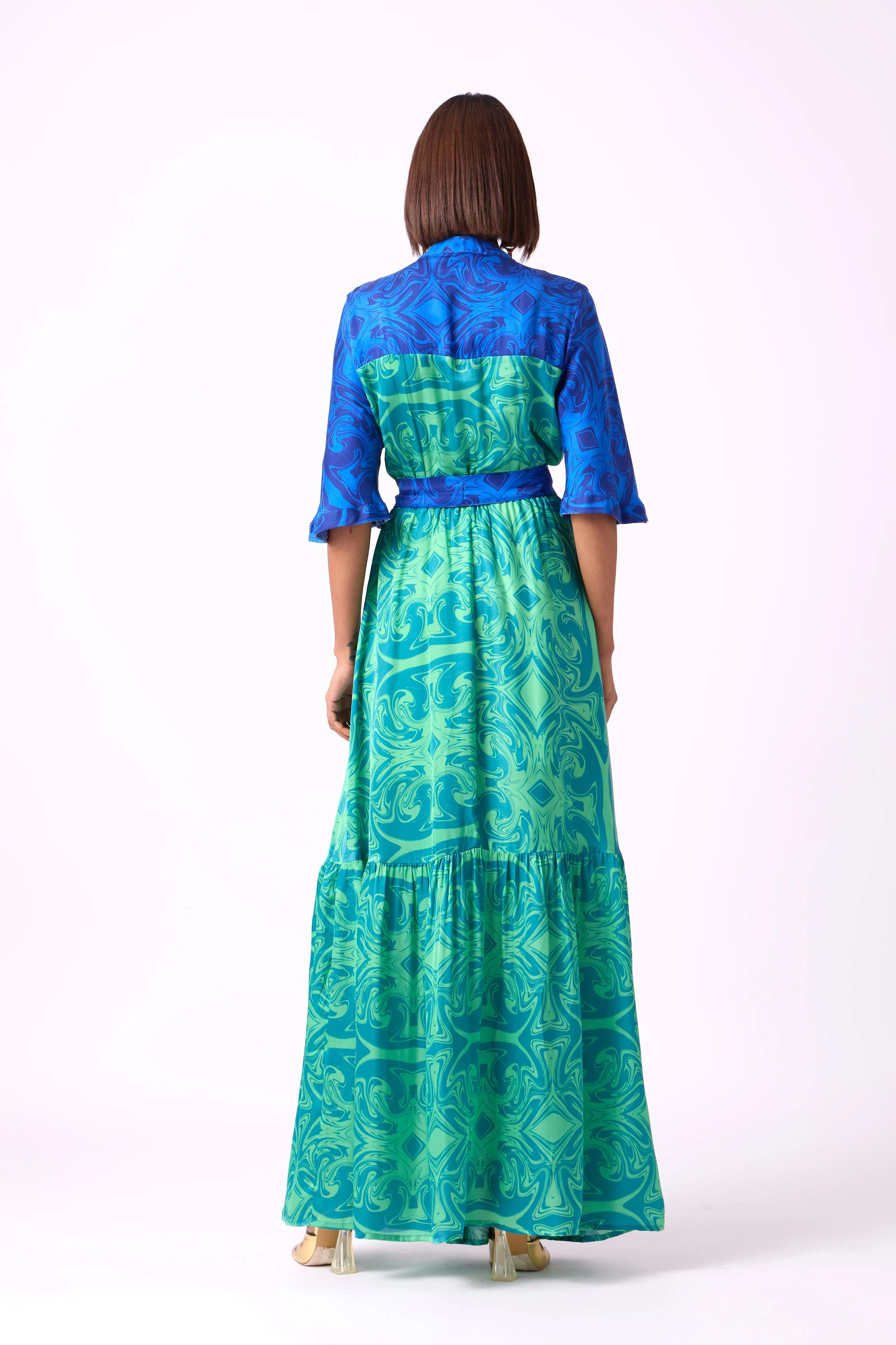 Calli Satin Dress - Blue & Green Art Deco Print