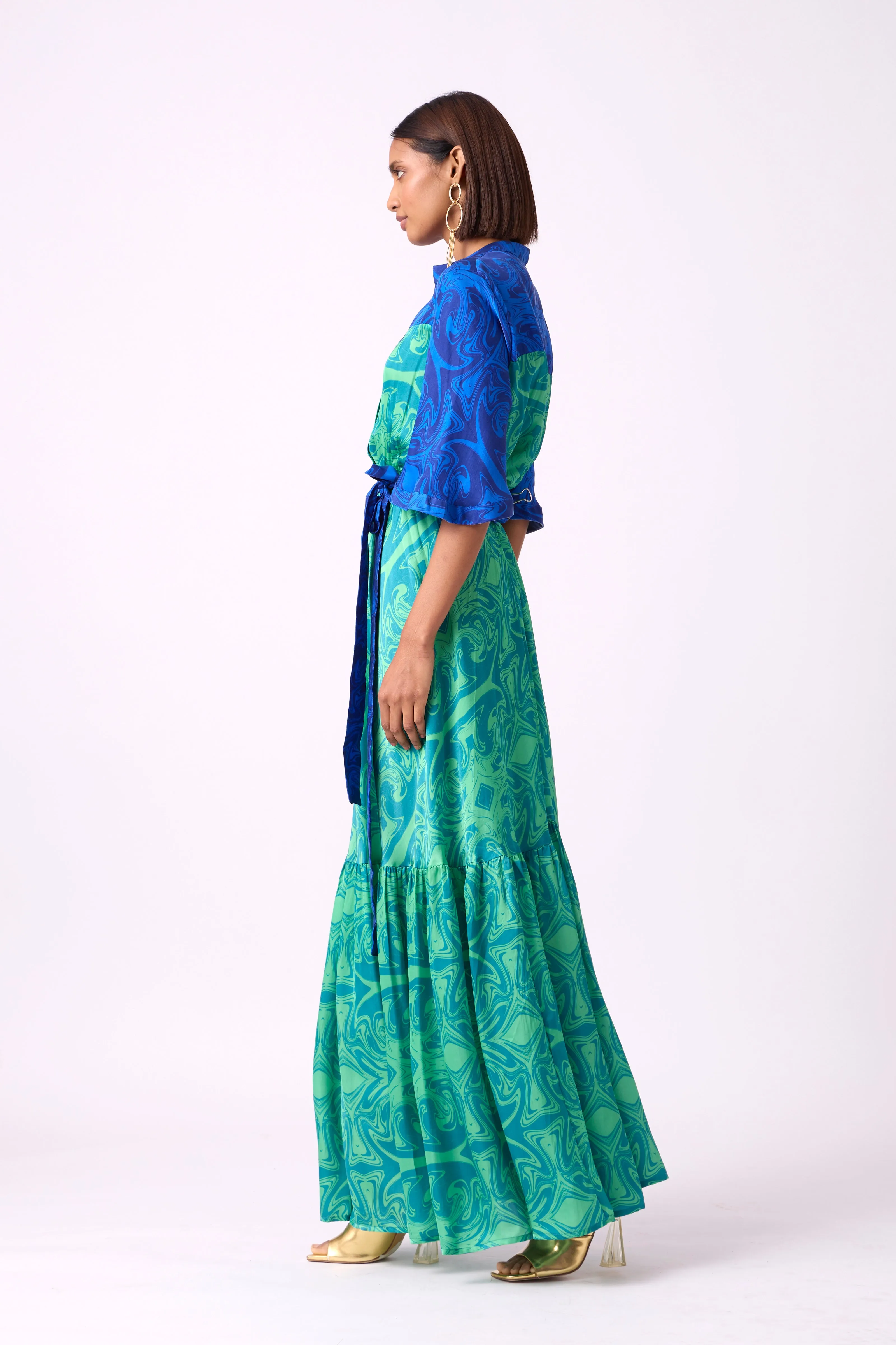 Calli Satin Dress - Blue & Green Art Deco Print