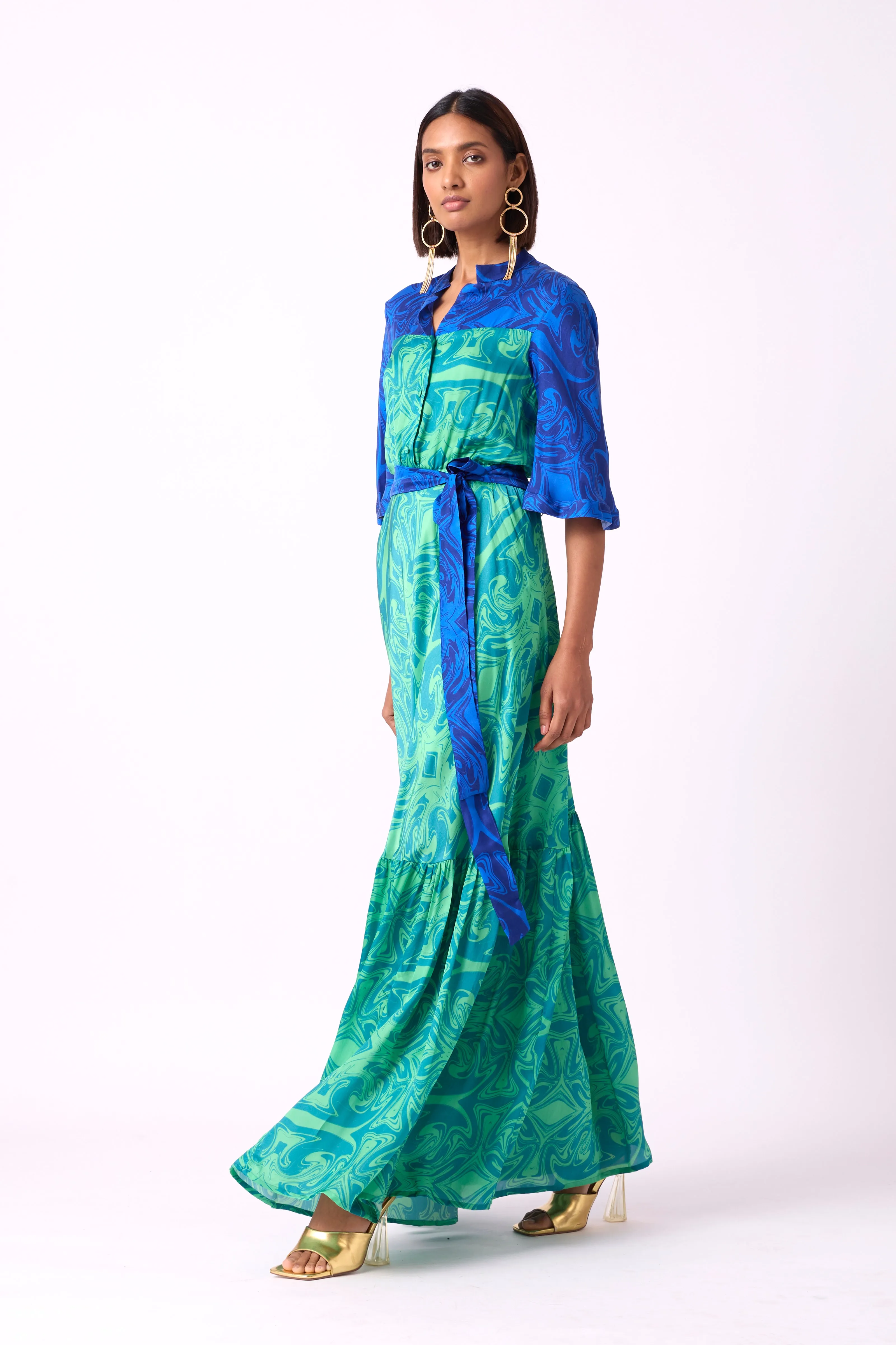 Calli Satin Dress - Blue & Green Art Deco Print