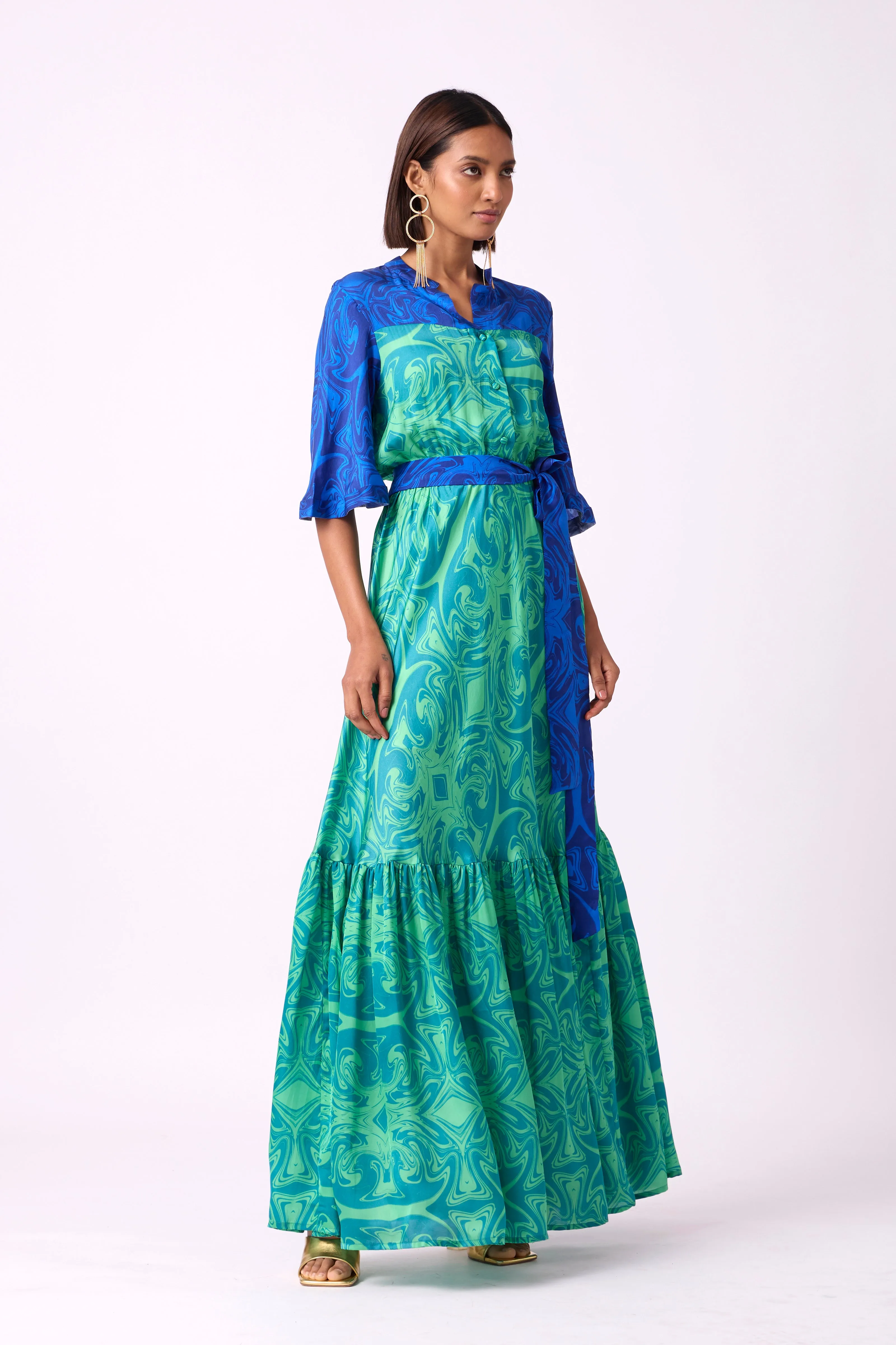 Calli Satin Dress - Blue & Green Art Deco Print