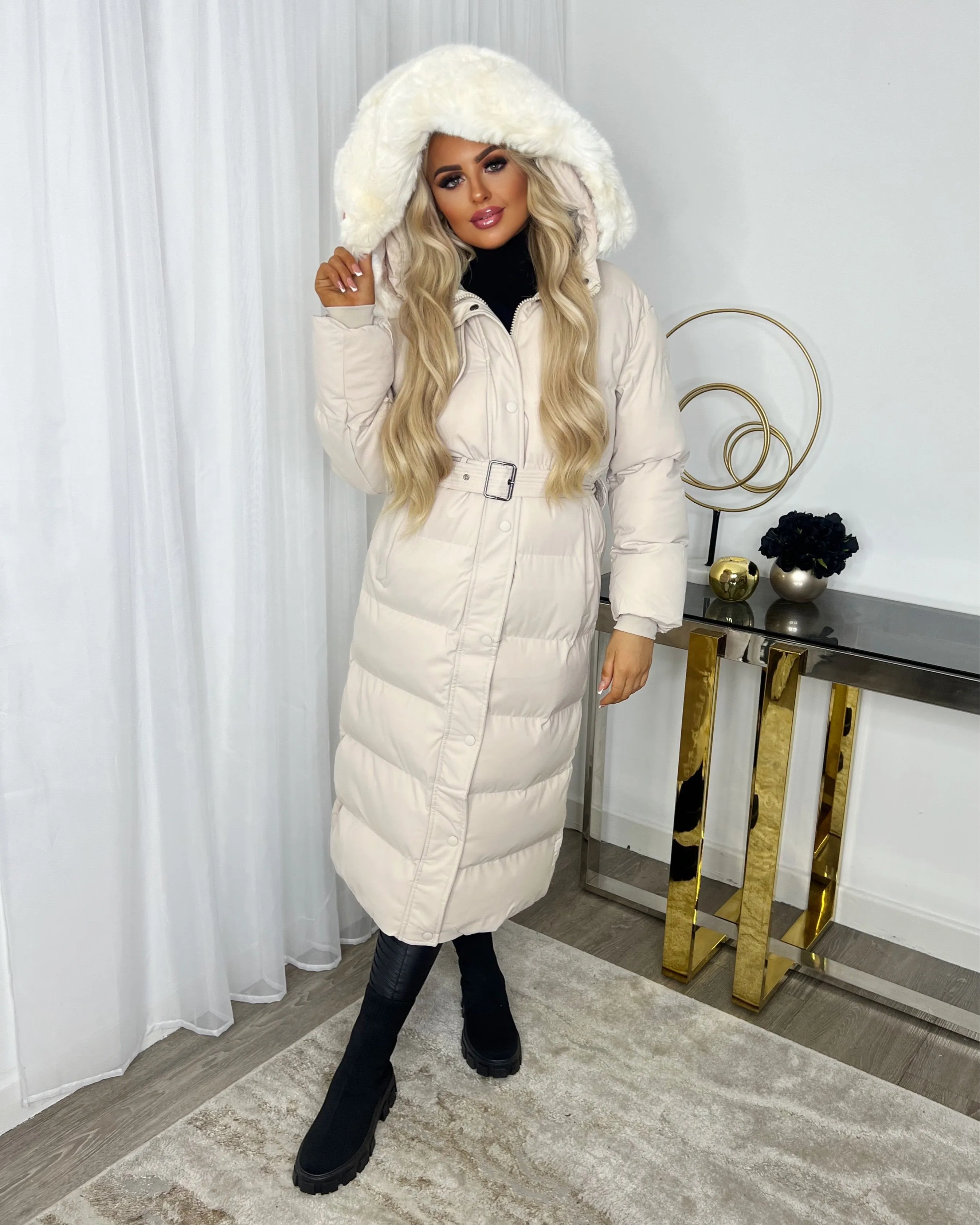 Chantel Long Padded Faux Fur Hooded Coat - Cream