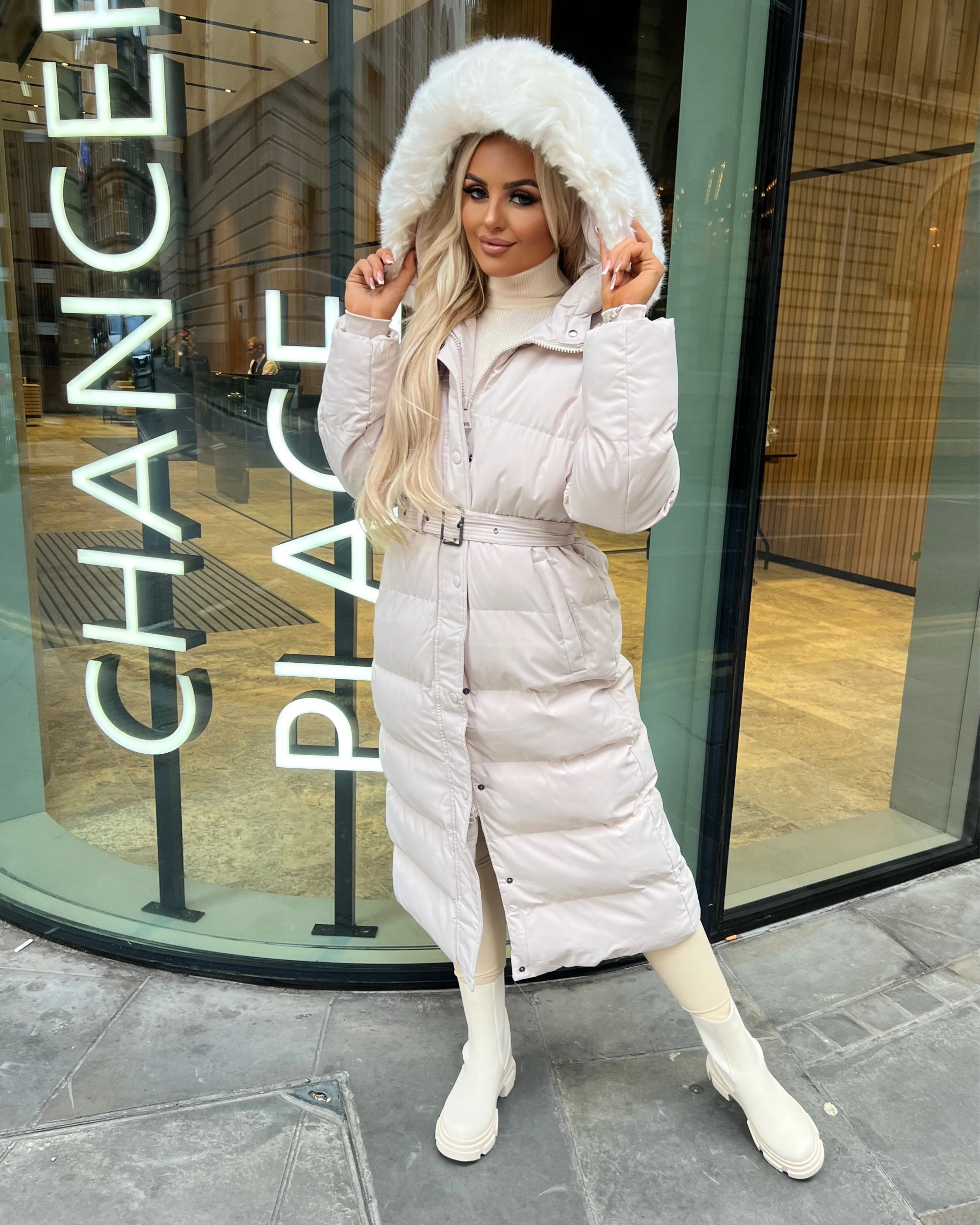 Chantel Long Padded Faux Fur Hooded Coat - Cream